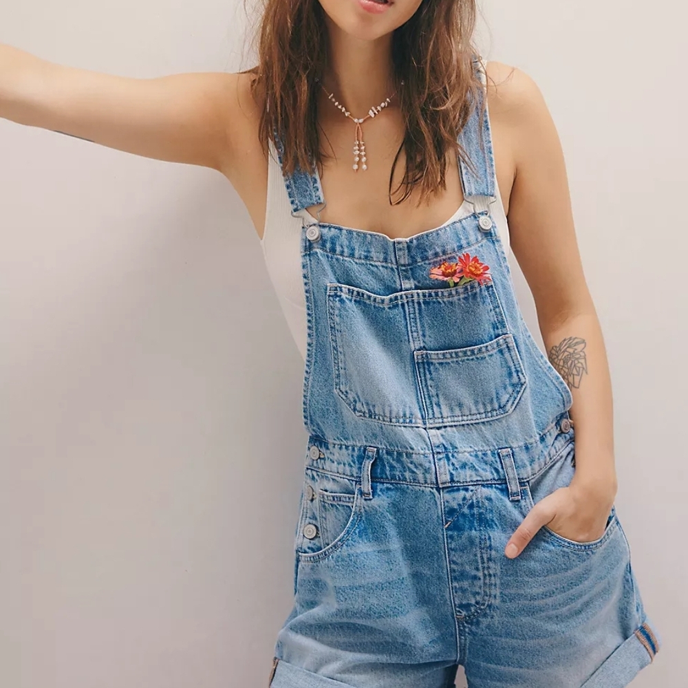 Free People Blue Denim Overalls Relaxed Fit